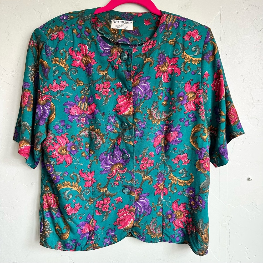 Vintage 80's Alfred Dunner Women's Teal Floral Blouse Size 12 Cottagecore EUC